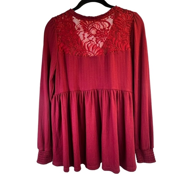 Torrid Women's Top M/L Red Babydoll Knit V-Neck Button Front Lace Peasant Sleeve - Picture 14 of 16